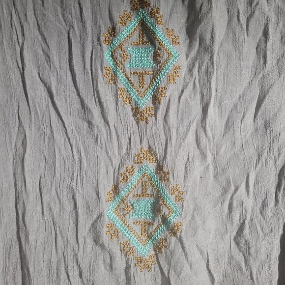 THML Scrunch Off The Shoulder Gray With Brown & Teal Embroidery Aztec Design Top - Picture 9 of 10